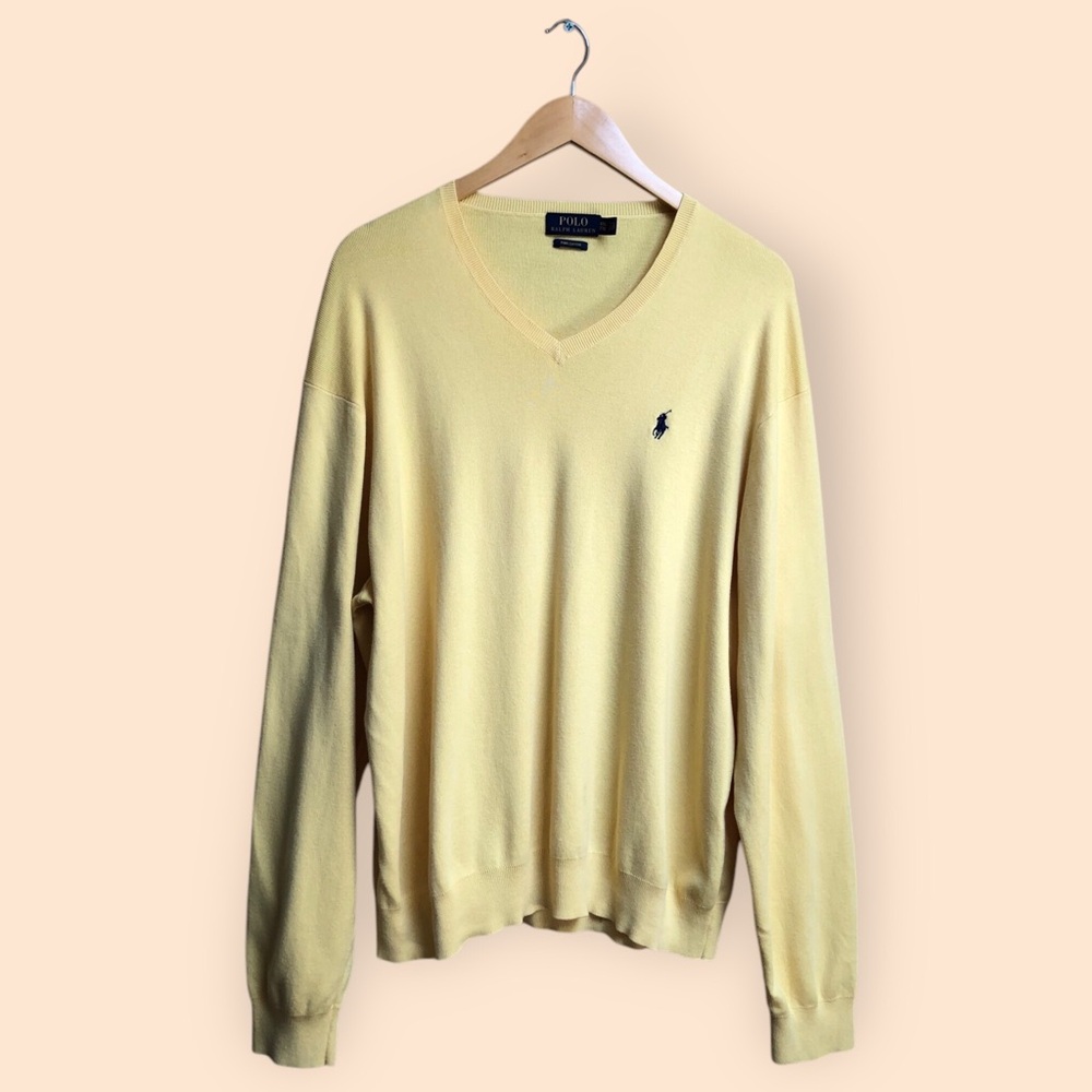 POLO Ralph Lauren MENS Pima Cotton Yellow V-neck Knit Sweater Navy Logo MENS XXL